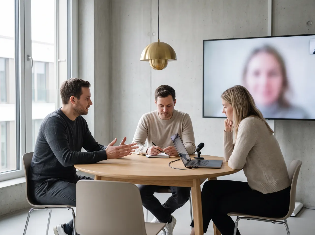 Besprechung mit drei Personen an einem Konferenztisch